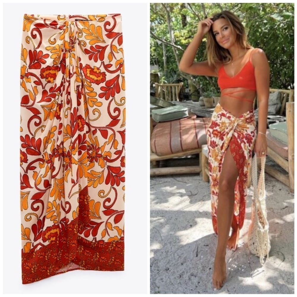 zara • printed wrap midi skirt